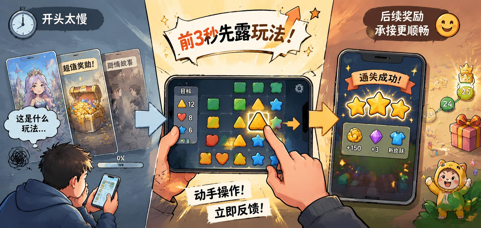 休闲游戏广告素材优化中前3秒玩法展示与用户反馈流程插画
